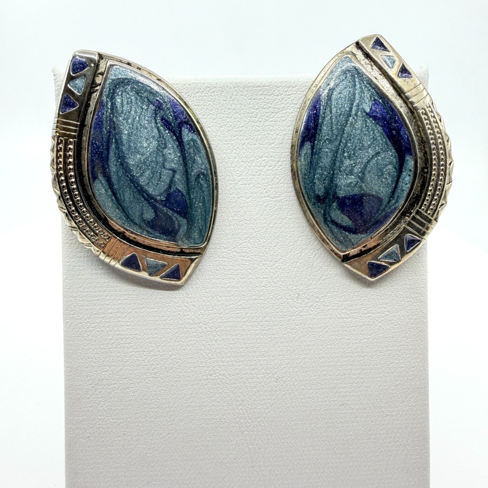 Vintage 80s Silver Tone Blue Glitter Swirl Enamel Marquise Post Earrings Retro